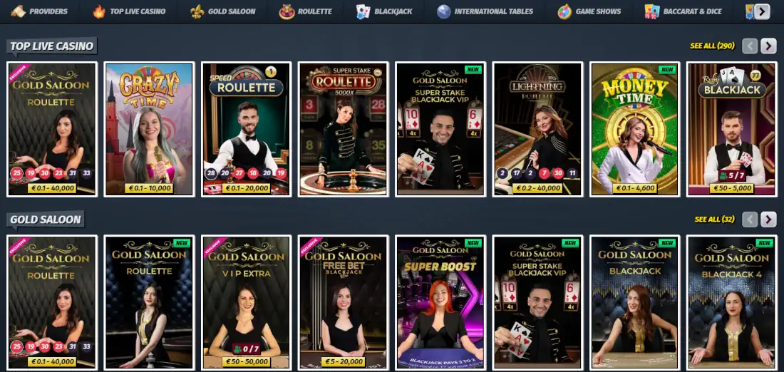Giochi da casinò dal vivo AllySpin e lobby dei giochi da tavolo.